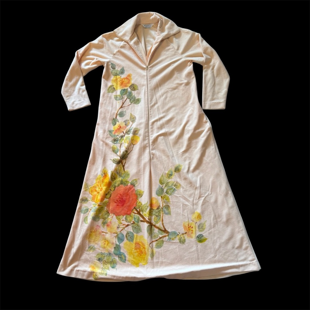Vintage Kayser Medium Zip Long Granny Nightgown Peach Orange Fleece Floral